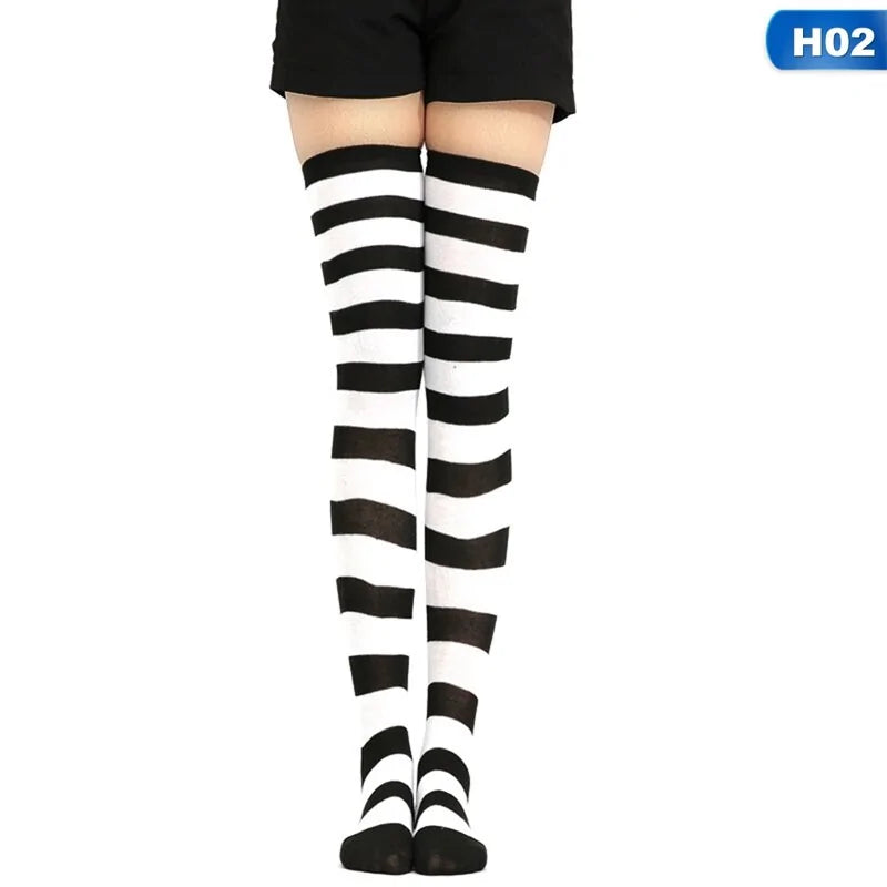 Cotton Striped Thigh High Socks