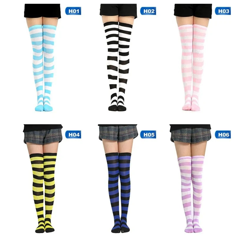 Cotton Striped Thigh High Socks