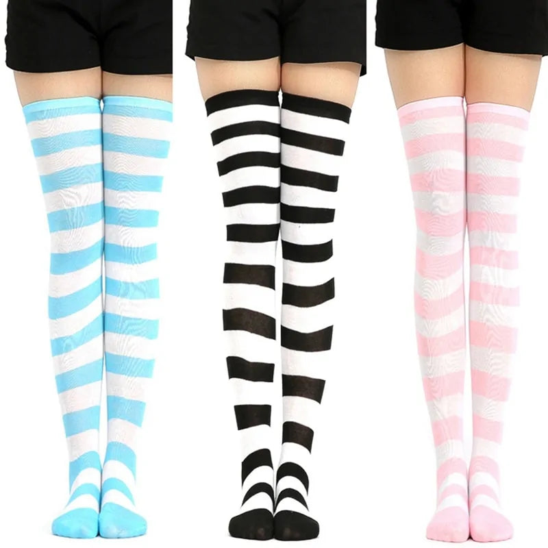 Cotton Striped Thigh High Socks